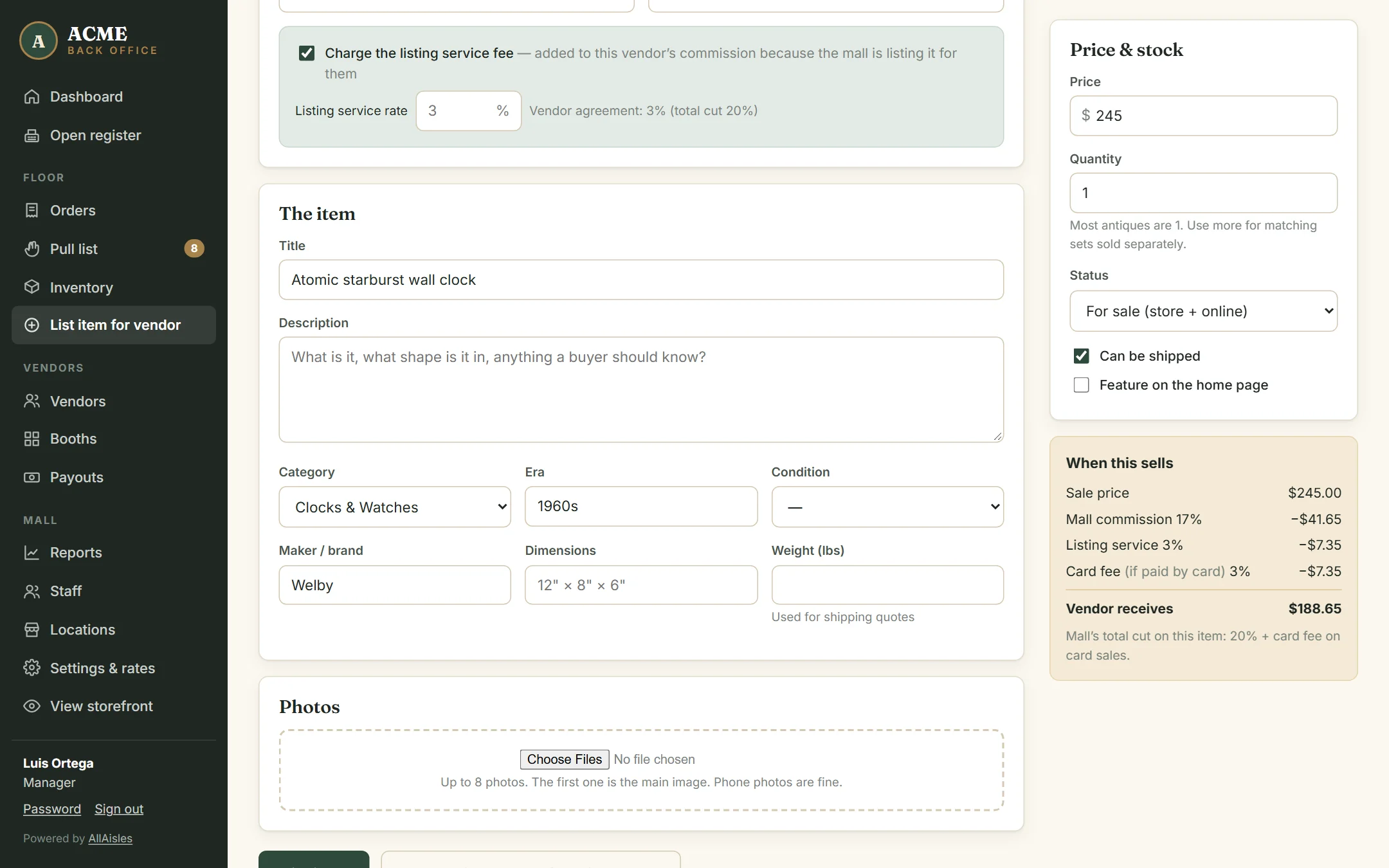 Listing an item for a dealer with the listing-service fee applied automatically
