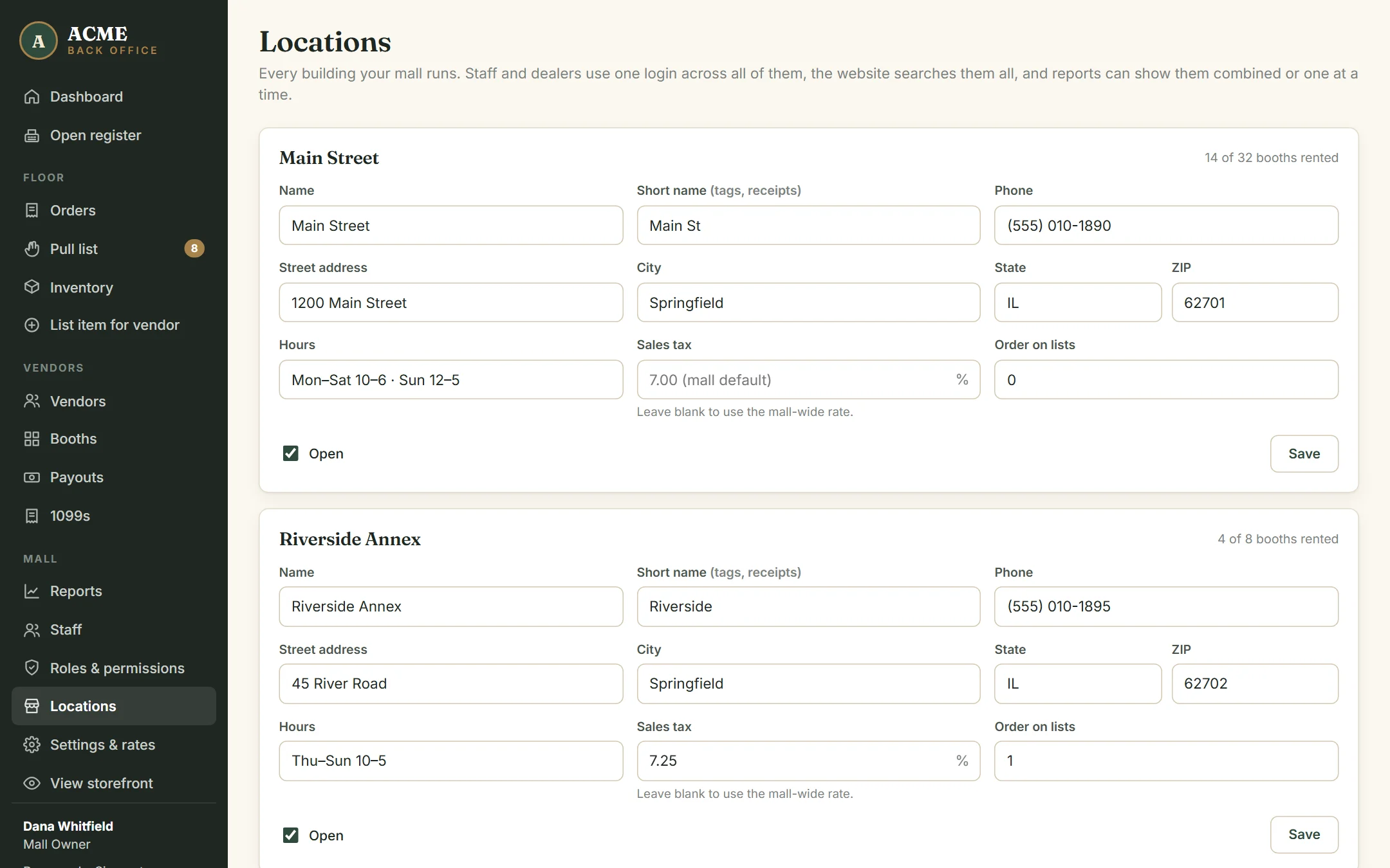 The Locations page with two buildings