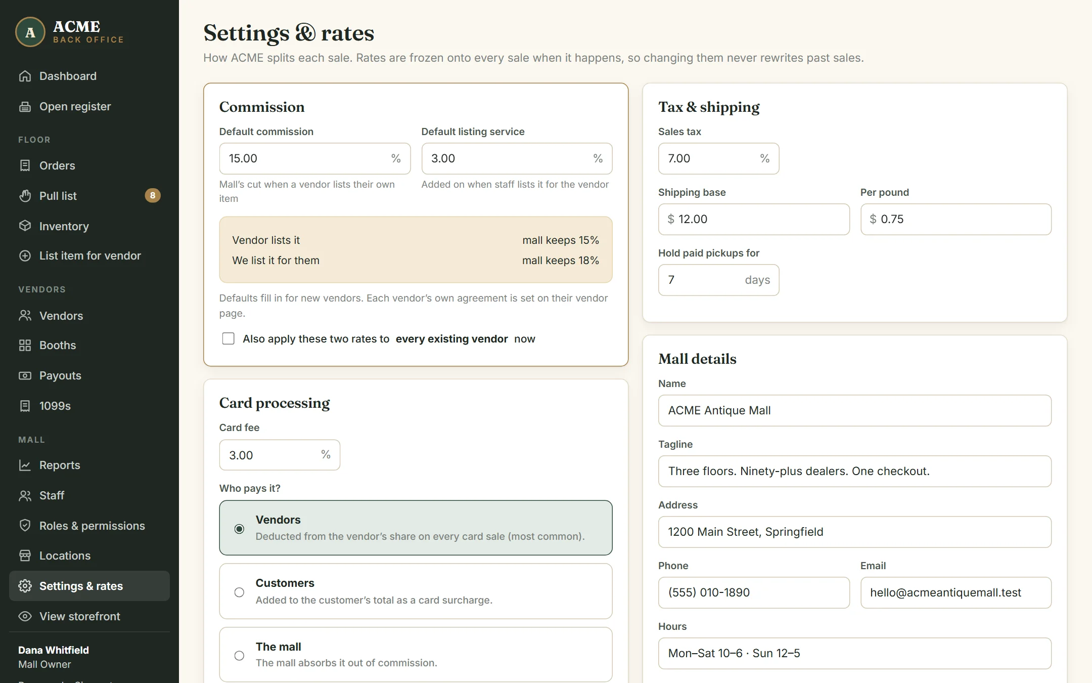 Mall settings for rates, card fees, tax and payouts
