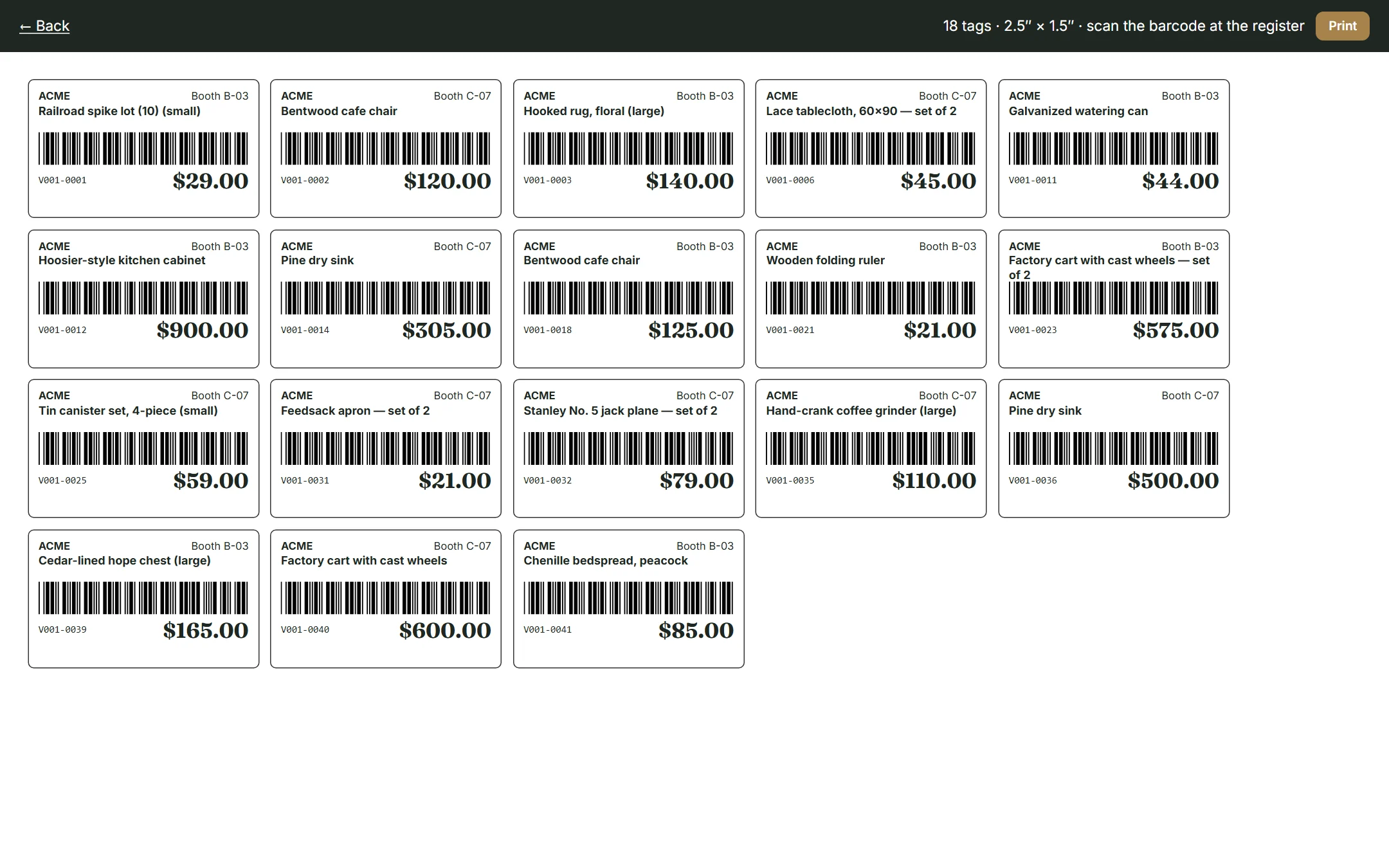 A sheet of printable price tags with barcodes